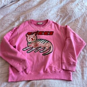 pink Gucci cat-print organic-cotton sweatshirt with distressed detailing large